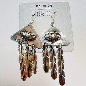 STERLING SILVER NAVAJO FEATHER CONCHO EARRINGS SIGNED JLC 3”